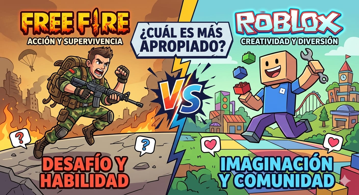 Pantalla dividida mostrando la interfaz de Roblox y Free Fire lado a lado para comparar cuál es más adecuado para niños
