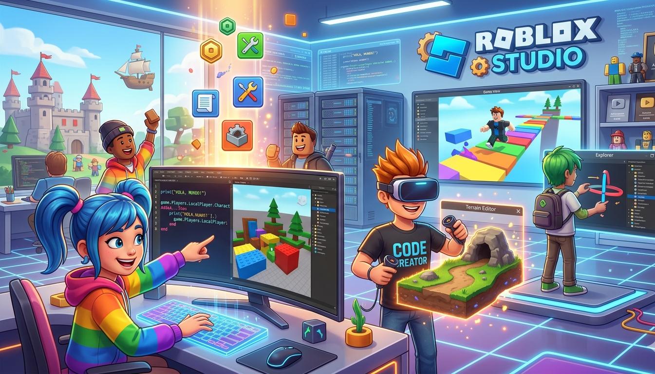 Guía completa de Roblox Studio para principiantes en 2026: descarga, interfaz, construcción, scripts en Lua y cómo publicar tu primera experiencia.
