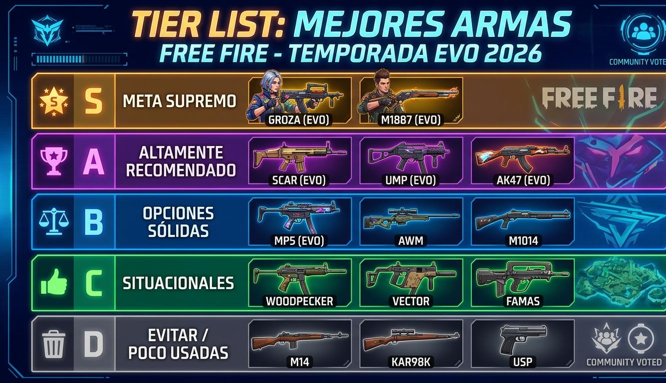 Selección de las mejores armas de Free Fire en la temporada EVO 2026 con el MP9-EVO y la Ballista SR