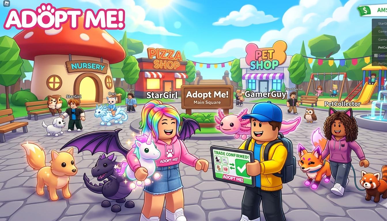 Pantalla de trading de Adopt Me en Roblox con mascotas legendarias Mega Neon en 2026