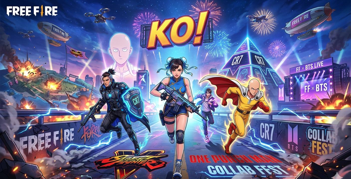 Pantalla principal del evento de colaboración de Free Fire 2026 con los personajes y skins exclusivas del evento