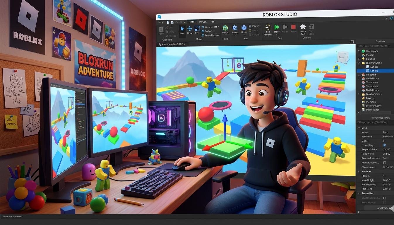 Interfaz de Roblox Studio 2026 con el mapa de un juego en construcción